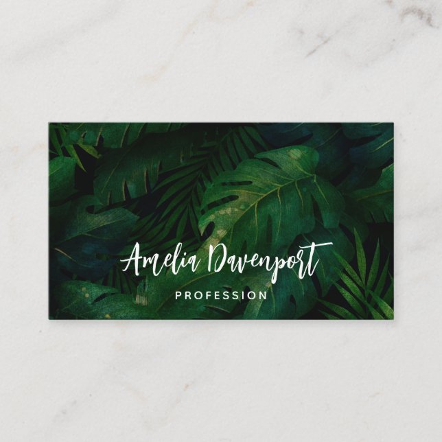 Exotic Dark Green Tropical Leaves Business Card (Front)