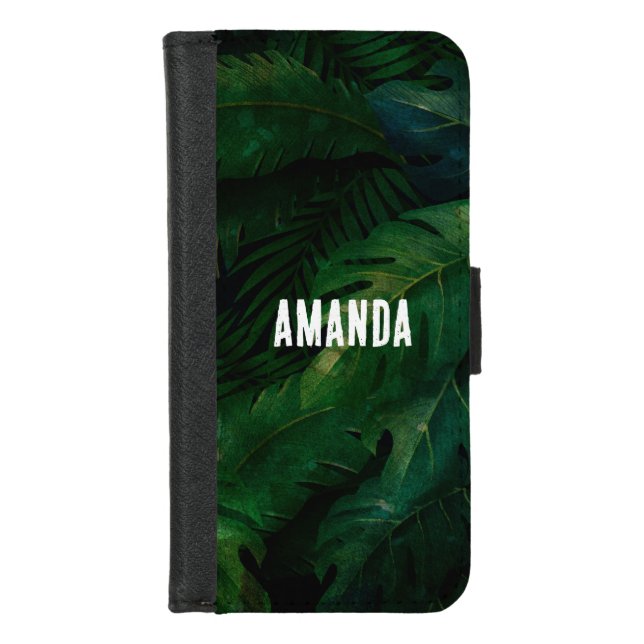 Exotic Dark Green Tropical Leaves iPhone Wallet Case (Front)