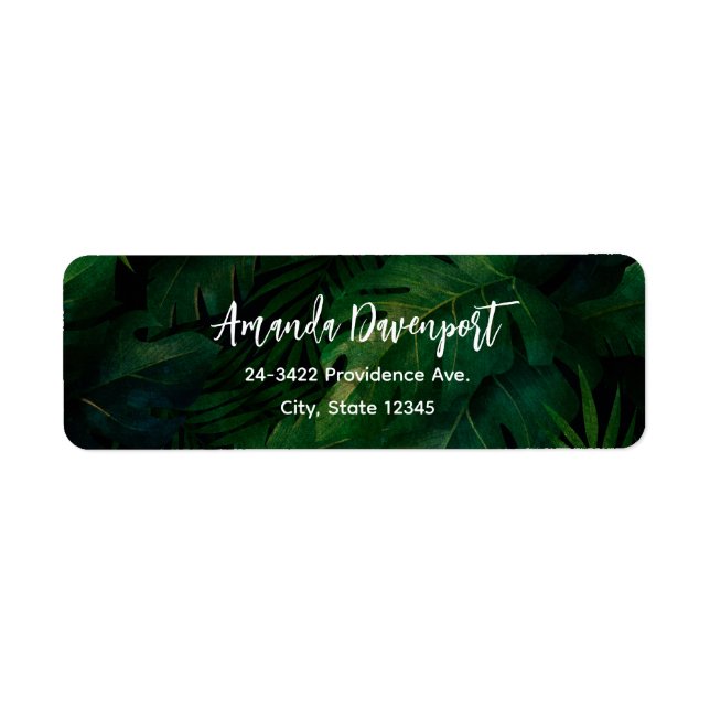 Exotic Dark Green Tropical Leaves Label (Front)