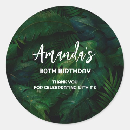 Exotic Dark Green Tropical Leaves Party Thank You Classic Round Sticker