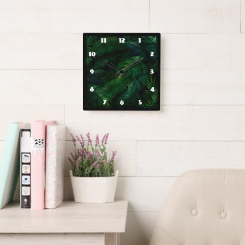 Exotic Dark Green Tropical Leaves Square Wall Clock