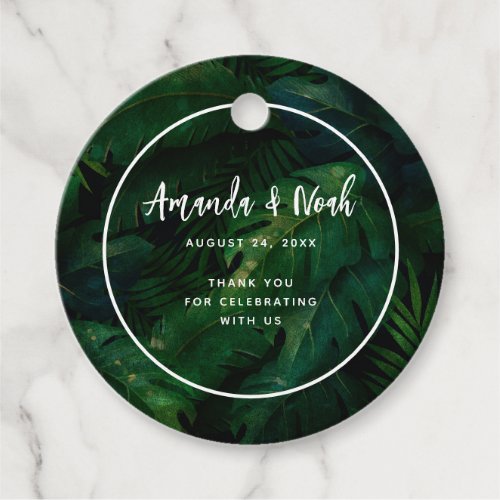 Exotic Dark Green Tropical Leaves Wedding Favor Tags