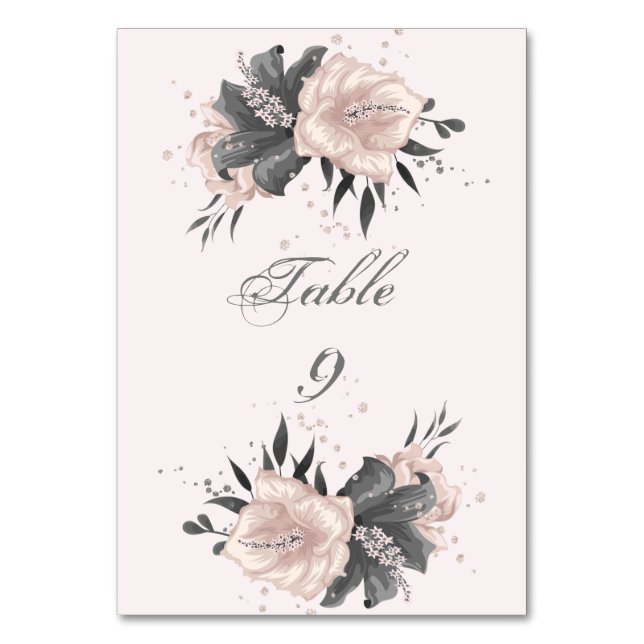 exotic dusty pink grey flowers with glitter table number (Front)