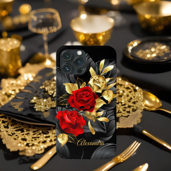 Exotic Elegant Red Rose Floral Rich Gold Black Iphone 13 Pro Max Case by Zizzago at Zazzle