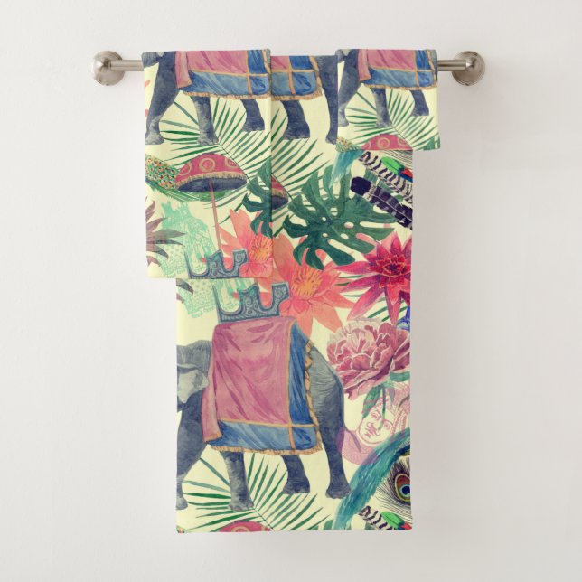Exotic Elephant Peacock Pretty Bath Towel Set (Insitu)