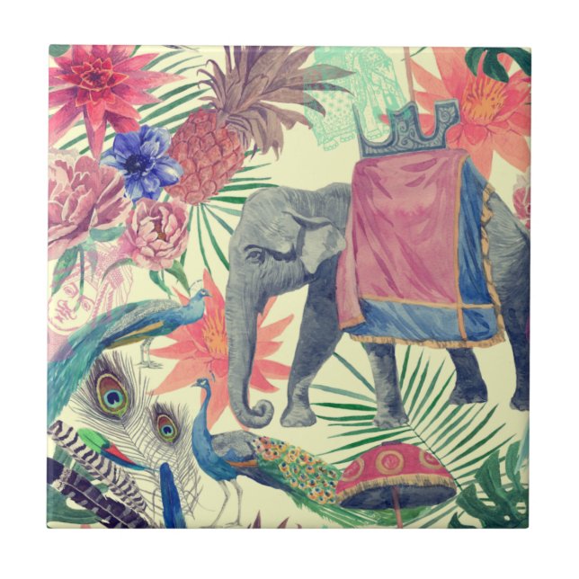 Exotic Elephant Peacock Pretty Ceramic Tile (Front)