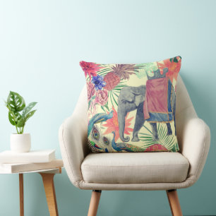 Exotic Elephant Peacock Pretty Throw Pillow