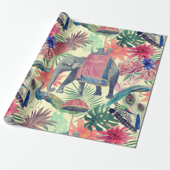 Exotic Elephant Peacock Pretty Wrapping Paper (Unrolled)