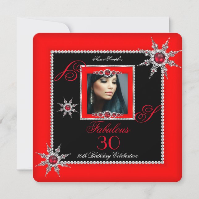 Exotic Fabulous 30 Red Silver Snowflake Photo Invitation (Front)