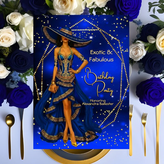 Exotic Fabulous Blue Gold Birthday Party Stunning Invitation (Creator Uploaded)