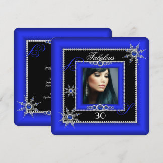 Exotic Fabulous Royal Blue Silver Snowflake Photo Invitation