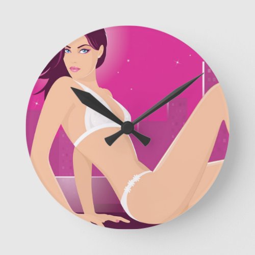Exotic Female Model Wearing a White Bikini Round Clock