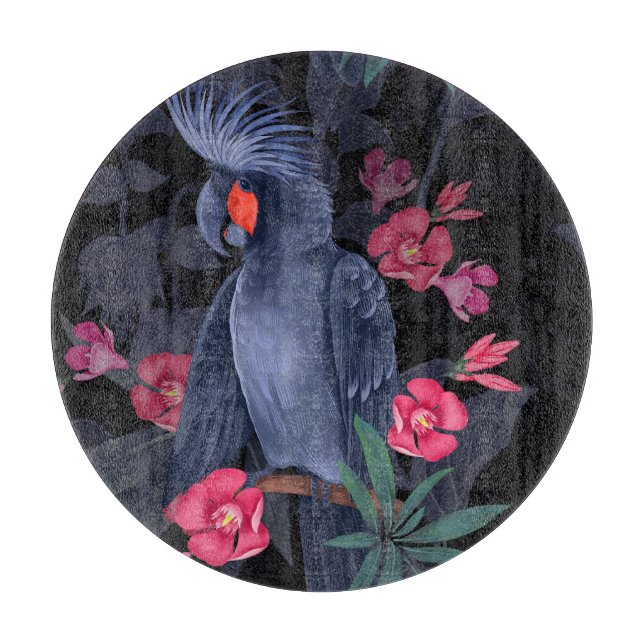 Exotic Floral Black Parrot: Tropical Nature Cutting Board (Front)