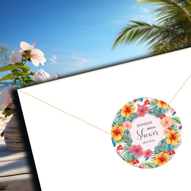 Exotic Floral Hawaiian Bridal Shower Classic Round Sticker (Creator Uploaded)