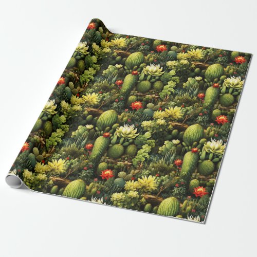 Exotic Floral Paradise with Cactus Wrapping Paper