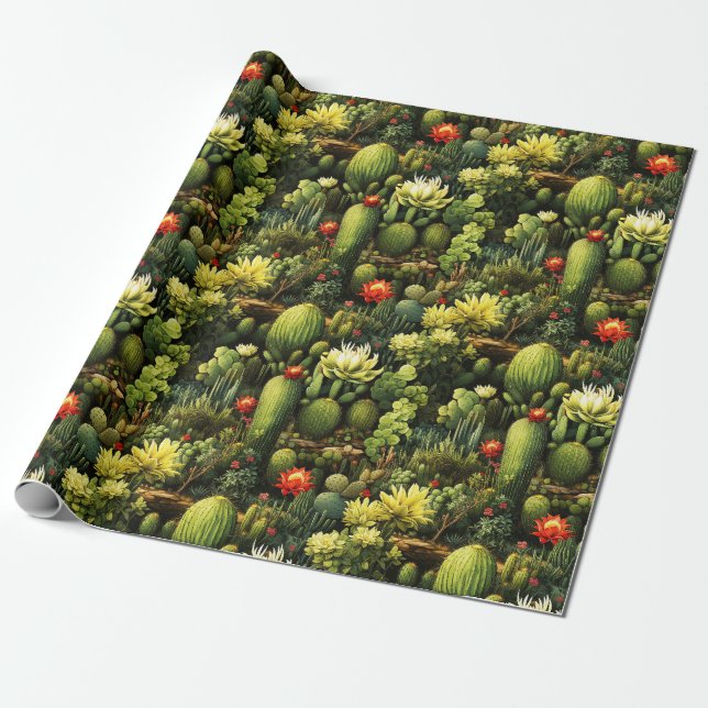 Exotic Floral Paradise with Cactus Wrapping Paper (Unrolled)