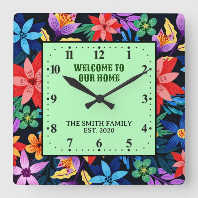 Exotic Floral Pattern Custom Text-68578 Square Wall Clock (Front)