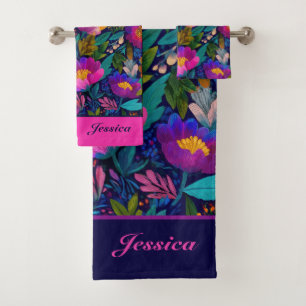 Exotic Flower Blossoms Bold Botanical Chic Name Bath Towel Set
