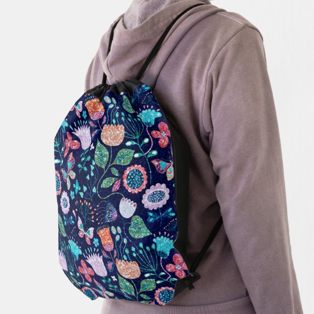 Exotic flowers and butterflies seamless pattern drawstring bag (Insitu)