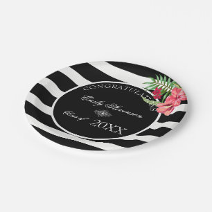 Exotic Flowers Black Stripes- Graduations Paper Plates