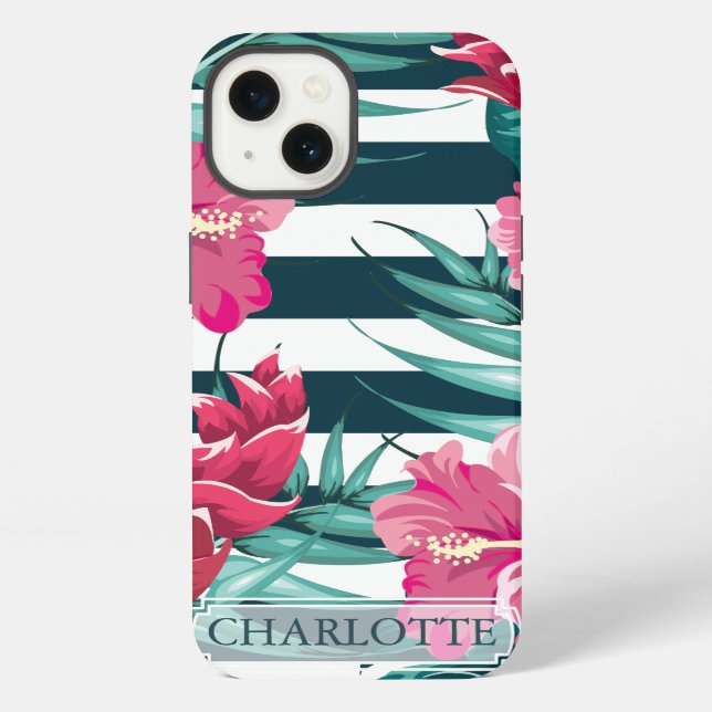 Exotic Flowers Monogram striped Iphone Case (Back)