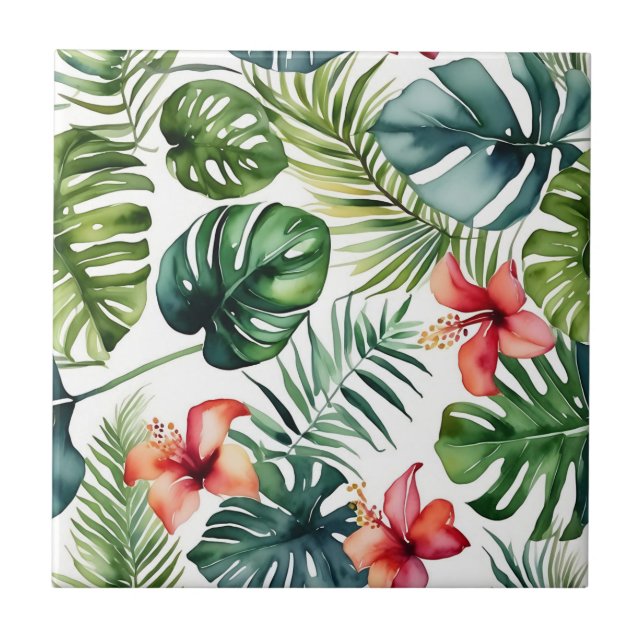Exotic Foliage Tropical Watercolor And Flowers Ceramic Tile (Front)