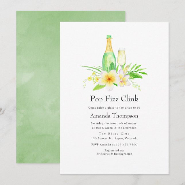 Exotic Frangipani Pop Fizz Clink Bridal Shower Invitation (Front/Back)