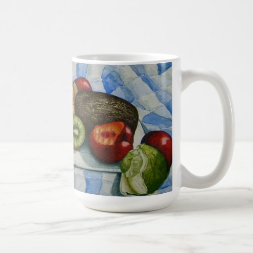 exotic fruit still life art blue white table cloth coffee mug