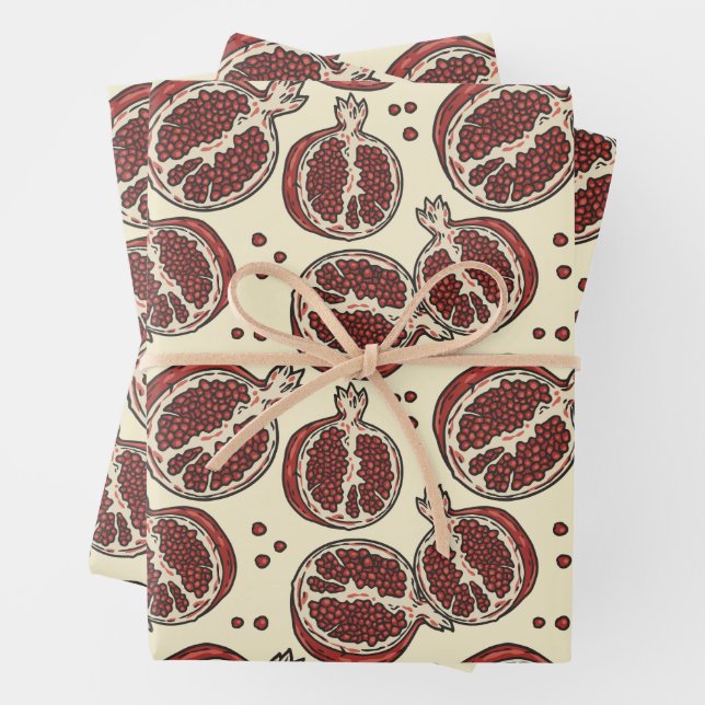 Exotic fruit summer red pomegranate pattern wrapping paper sheets (In situ)