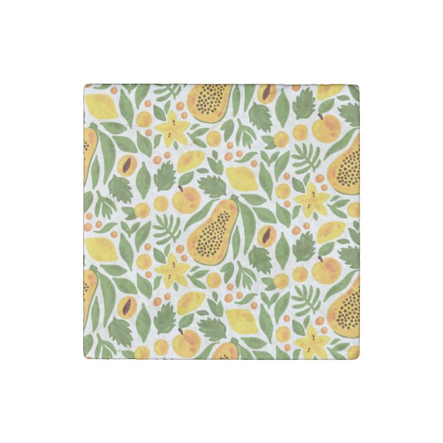 Exotic Fruits Ensemble: Papaya, Lemon, Mango Stone Magnet (Front)