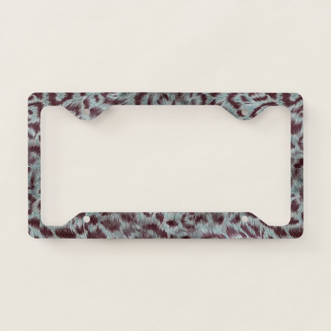Exotic Furry Leopard Spots Dusty Blue Aubergine License Plate Frame (Front)