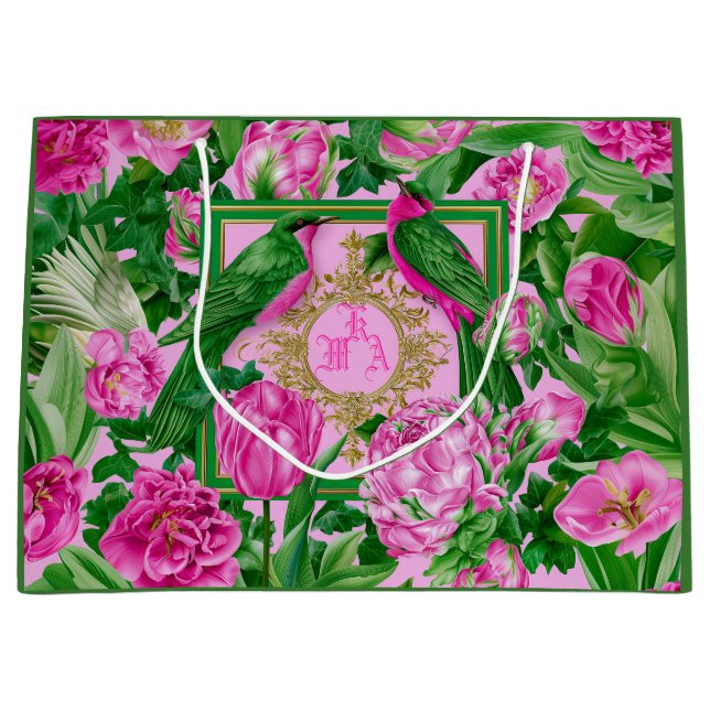 Exotic Garden Glam Pink and Green Monogram  Large Gift Bag (Front)