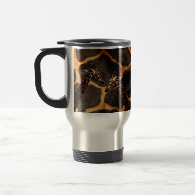 "Exotic Giraffes: On a Giraffe Patterned Canvas" Travel Mug (Left)