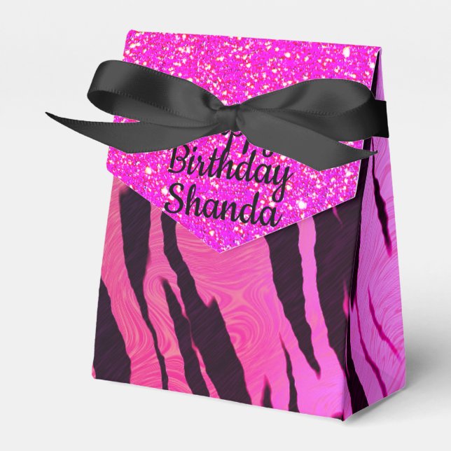 Exotic Glam Hot Pink Tiger Print Personalized  Favor Boxes (Front Side)