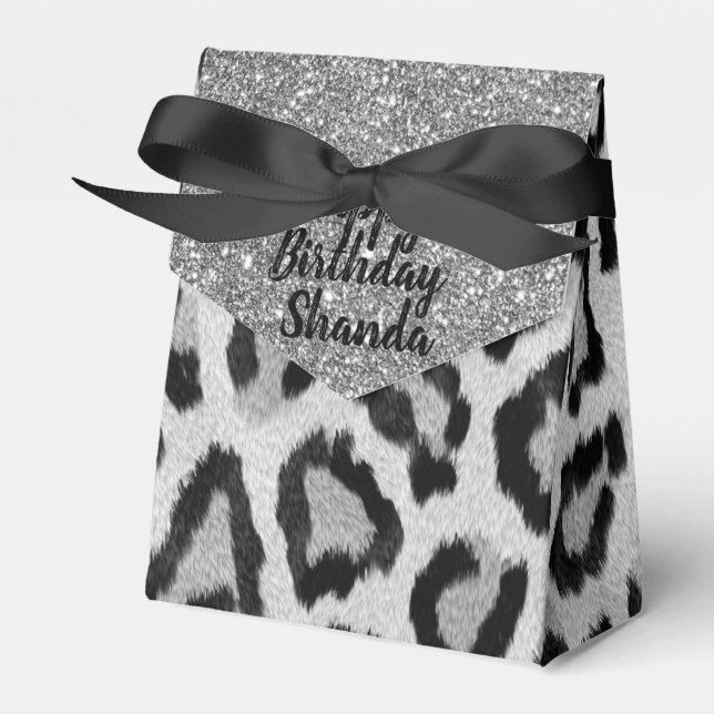 Exotic Glam Silver Leopard Birthday Pesonalized Favor Boxes (Front Side)