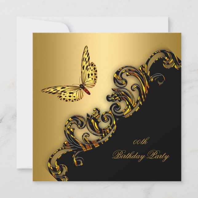 Exotic Gold Black Butterfly Birthday Party Invitation (Front)