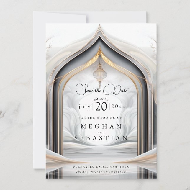 Exotic Gold Charcoal Arabian Flair Save The Date (Front)