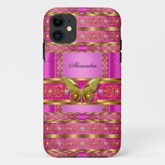 Exotic Gold Hot Pink Butterfly Diamond iPhone 11 Case