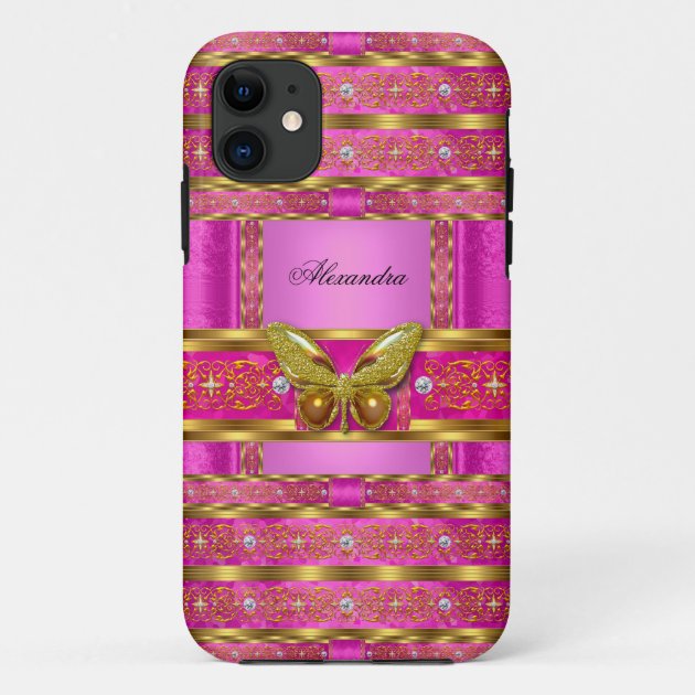 Exotic Gold Hot Pink Butterfly Diamond Case-Mate iPhone Case | Zazzle