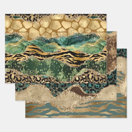 Exotic green and gold safari design wrapping paper sheets