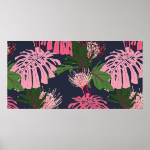 Exotic green and pink tropical palm leaves and pro poster