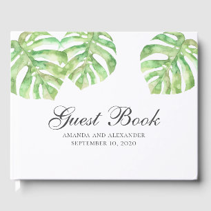 Exotic green leaves. Summer tropical wedding Guest Book
