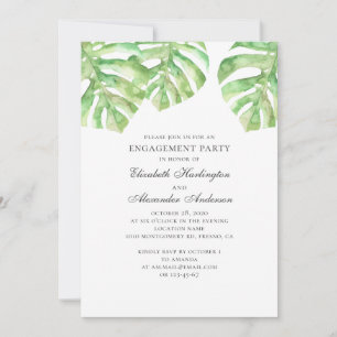 Exotic green leaves. Tropical engagement party Invitation