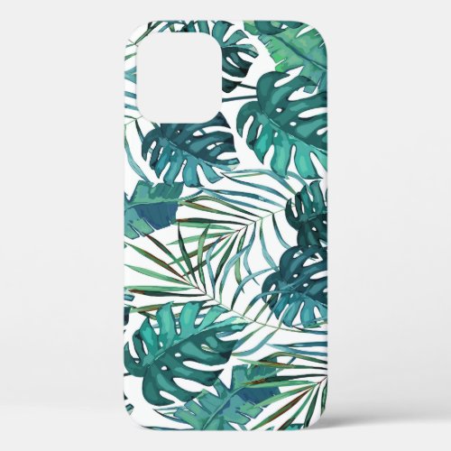 Exotic Green Tropical Leaves Illustration iPhone 12 Case