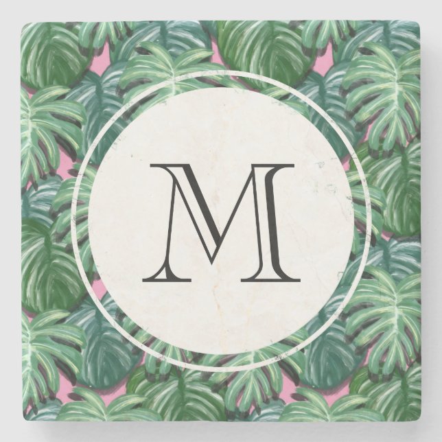 Exotic Green Tropical Leaves Pattern Monogram Stone Coaster (Front)