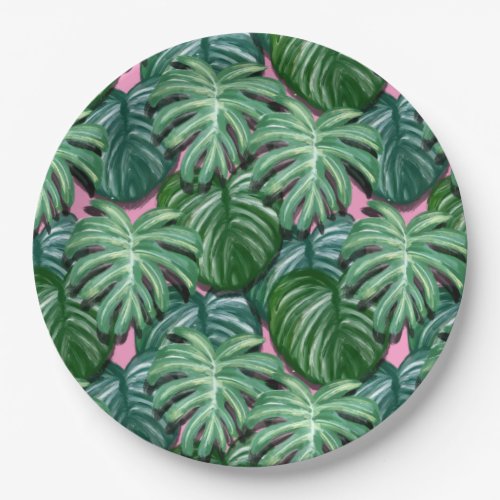 Exotic Green Tropical Leaves Pattern Paper Plates