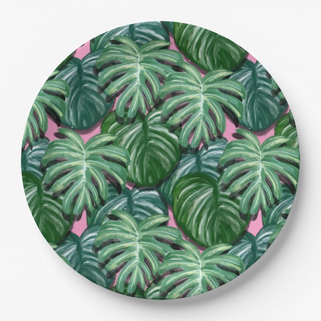 Exotic Green Tropical Leaves Pattern Paper Plates (Front)