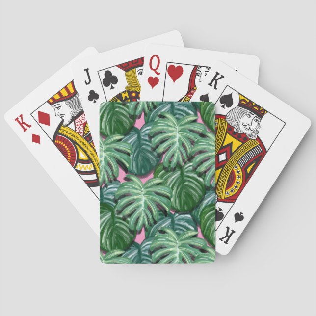 Exotic Green Tropical Leaves Pattern Poker Cards (Back)
