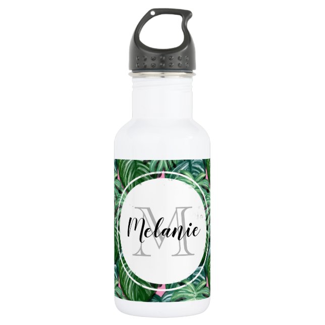 Exotic Green Tropical Leaves Pattern Stainless Steel Water Bottle (Front)