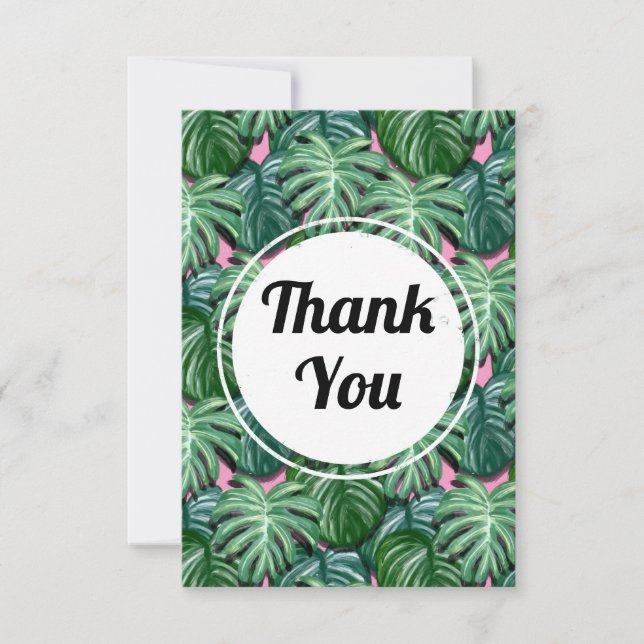 Exotic Green Tropical Leaves Pattern Thank You Card (Front)